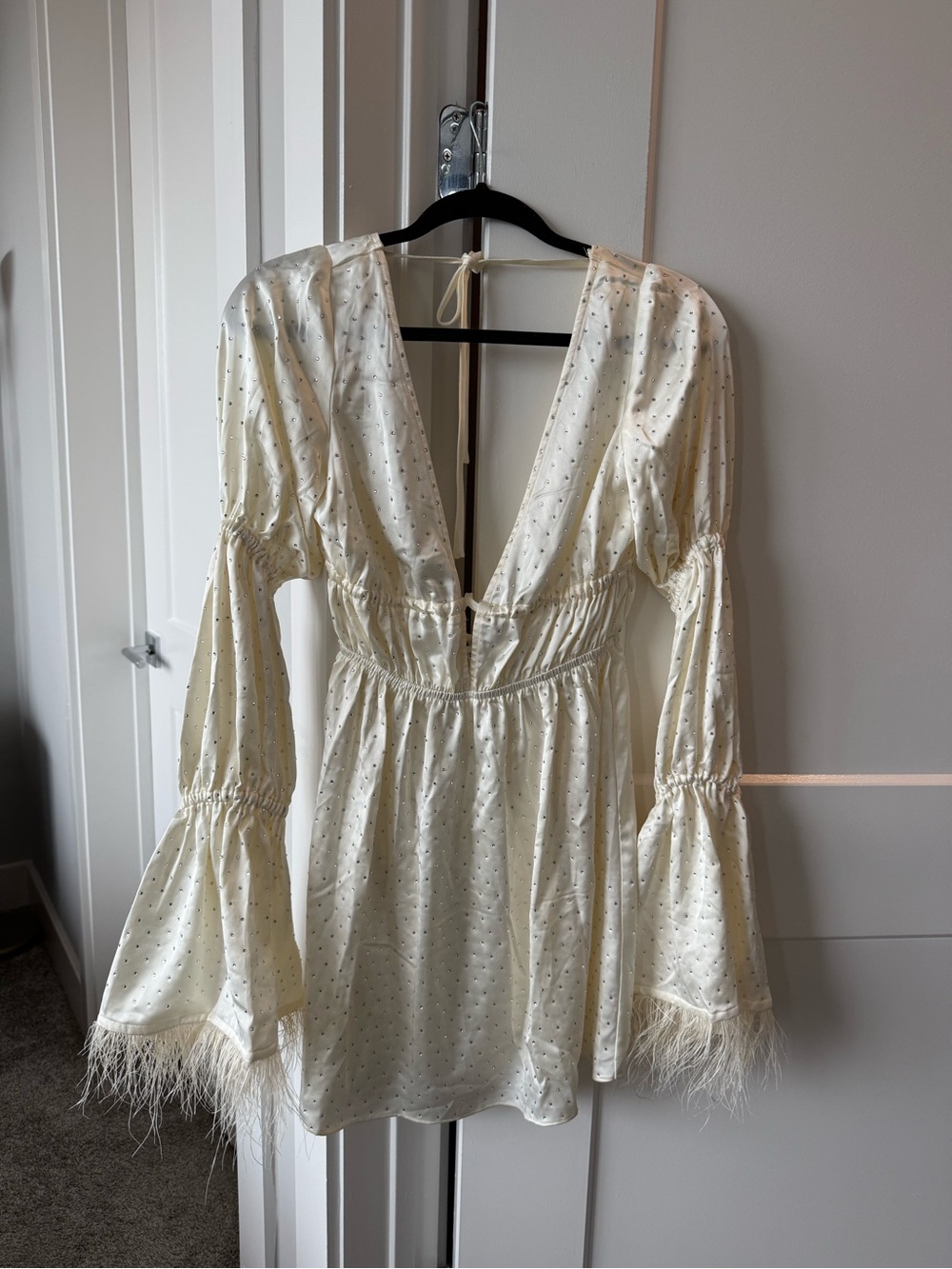 Bridal Ivory Satin V-Neck Long Sleeve Mini Dress with Feather Cuffs